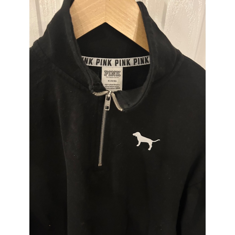 PINK Victoria's Secret Sweatshirt Black Quarter Zip Logo Graphic Pullover M - Picture 5 of 7